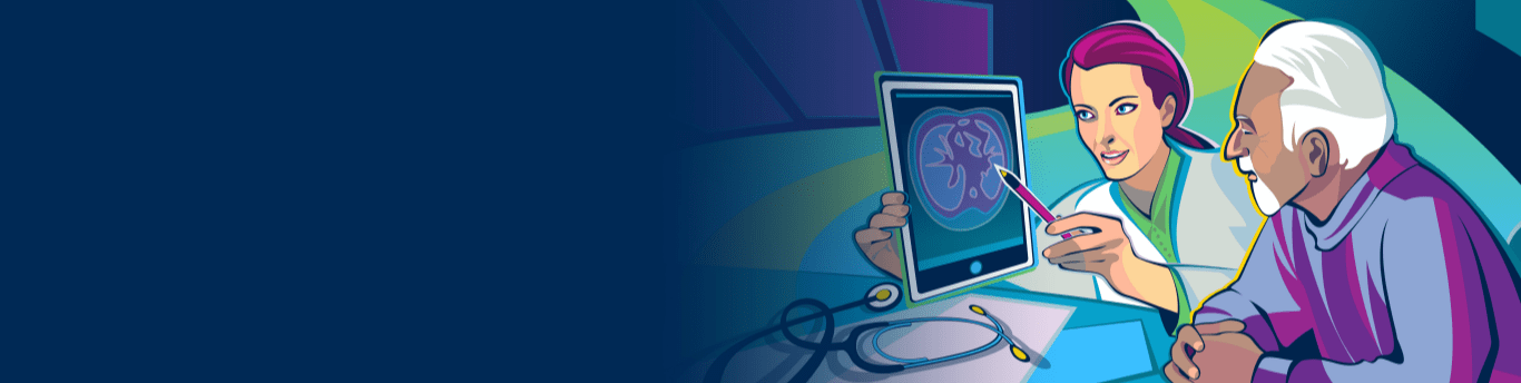 A doctor showing a patient a CT scan of pulmonary fibrosis.