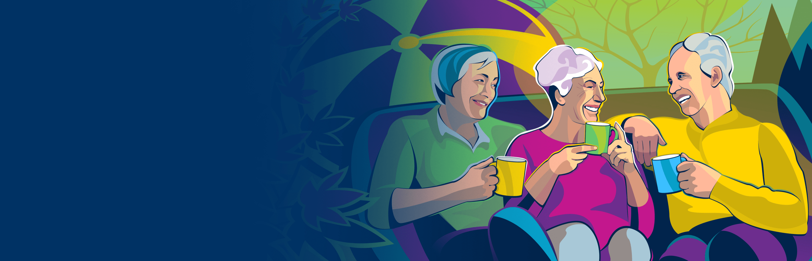 3 older people having coffee and talking with each other.