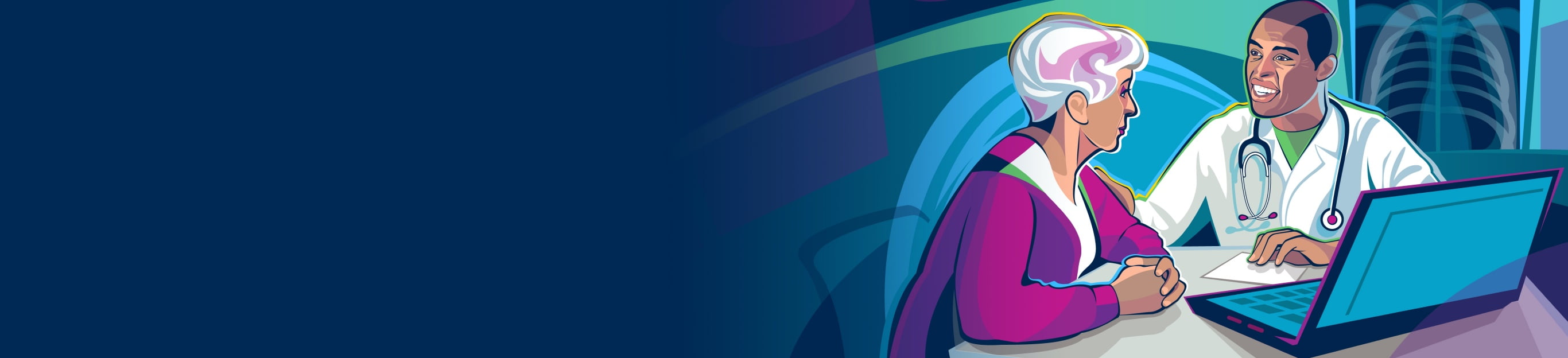 A doctor speaking with a patient at his desk. 