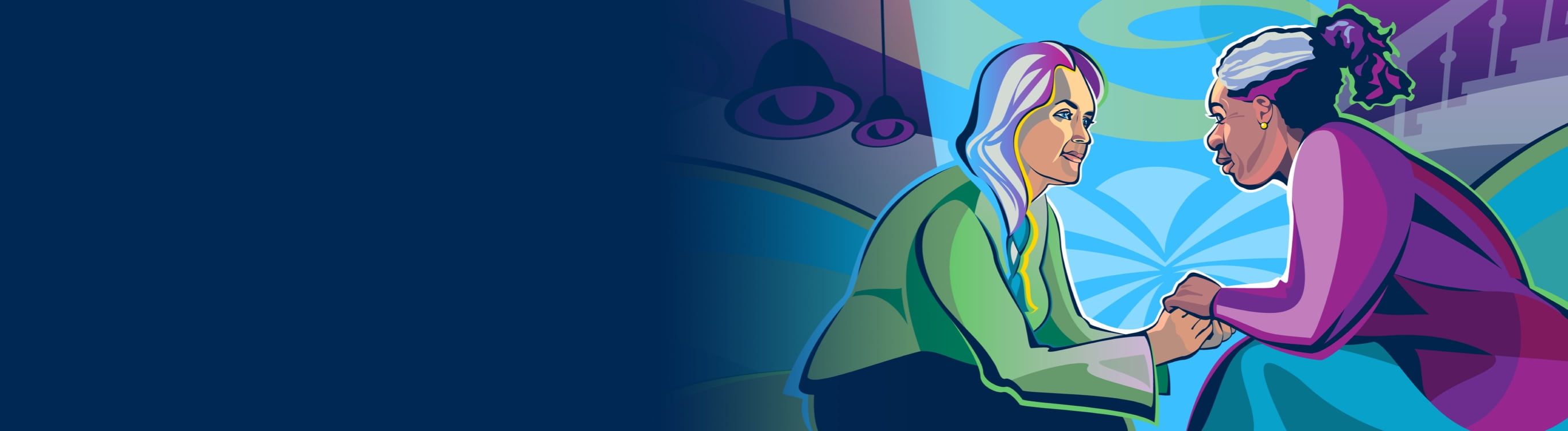 Two older women holding hands and discussing diagnosis of conditions with Pulmonary Fibrosis. 