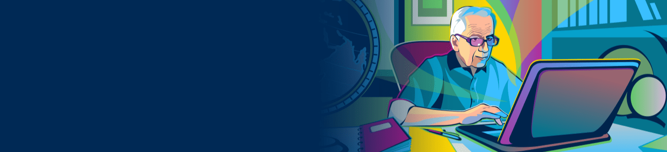 An older man researching about conditions with pulmonary fibrosis on his computer. 