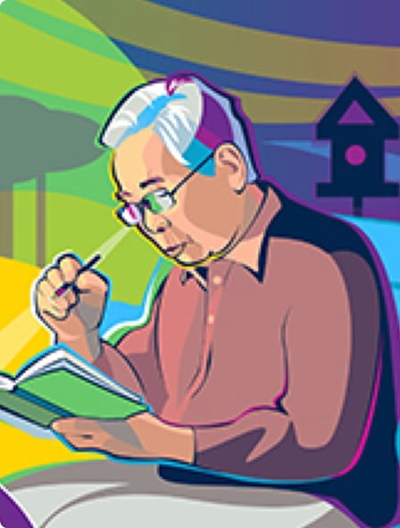 An older man reading about symptoms from a book.3