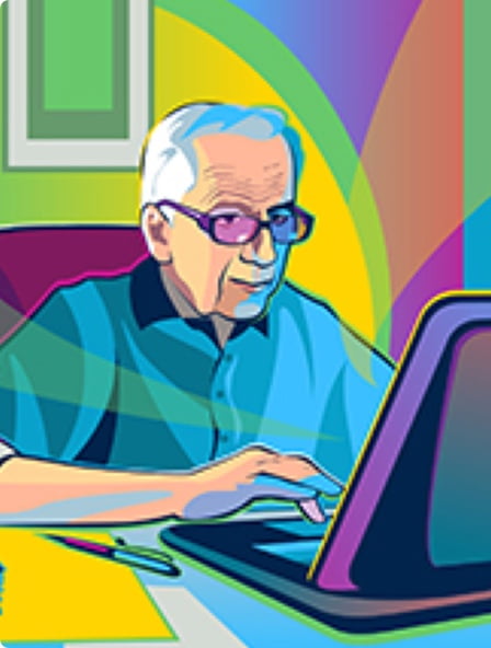 An older man researching about conditions with pulmonary fibrosis on his computer.