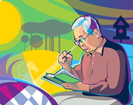 An older man reading about medication from a book.