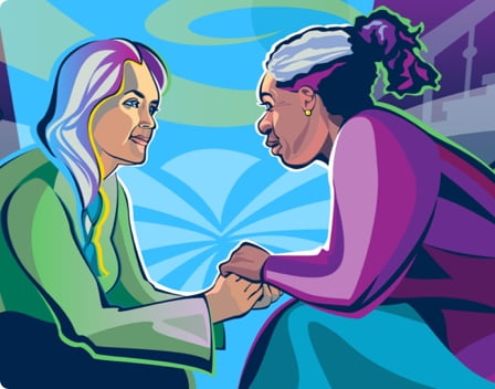 Two older women holding hands and discussing diagnosis of conditions with Pulmonary Fibrosis.