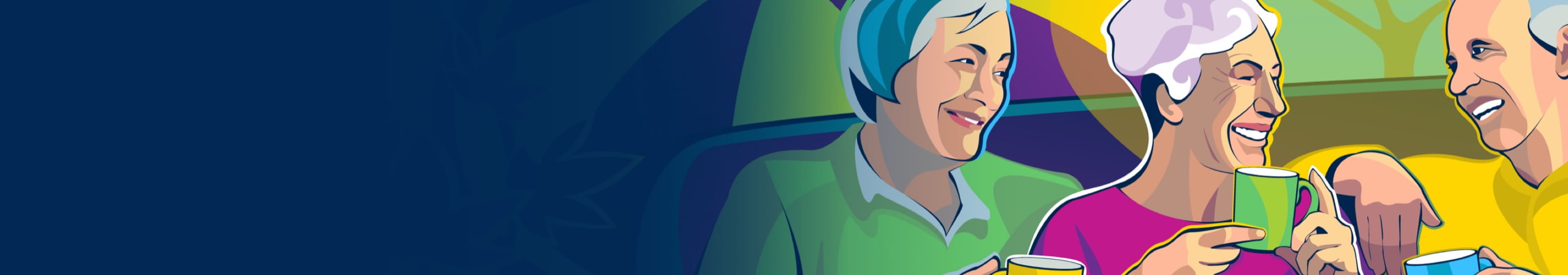 3 older people having coffee and talking with each other.