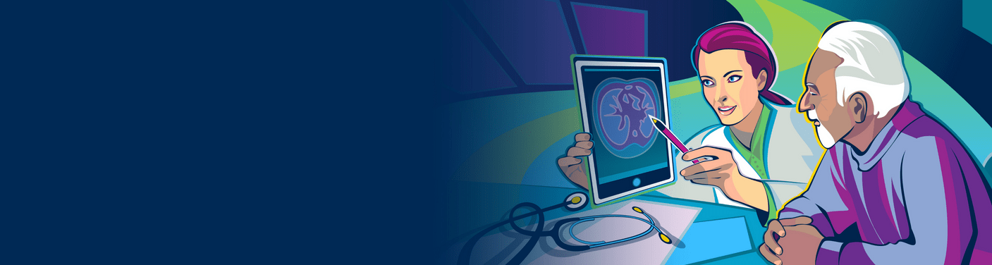 A DOCTOR SHOWING A PATIENT A CT SCAN OF PULMONARY FIBROSIS.