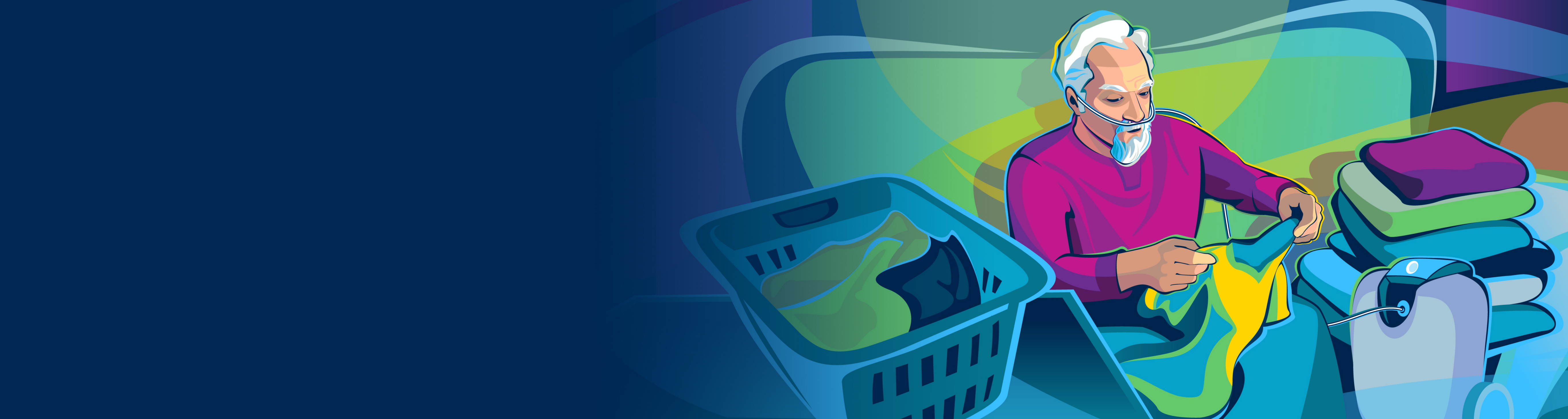 An older man receiving oxygen supplementation from an oxygen concentrator while sitting on his couch and folding his laundry.