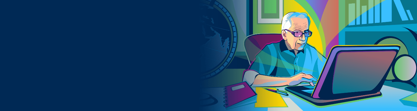 An older man researching about conditions with pulmonary fibrosis on his computer.