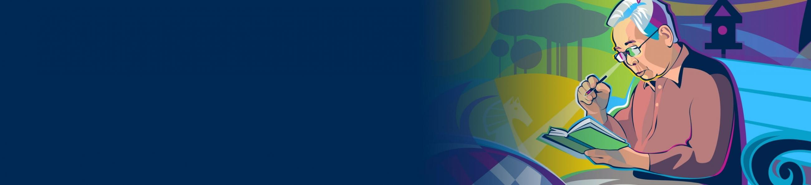 An older man reading about symptoms from a book.