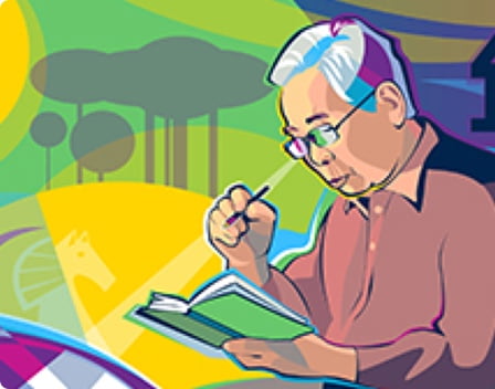 An older man reading about medication from a book.