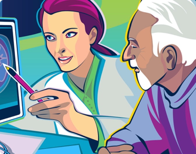 A doctor showing a patient a CT scan of pulmonary fibrosis.