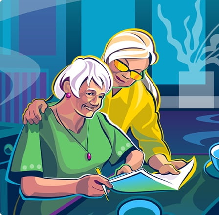 Two  older women looking down at papers on a kitchen table.