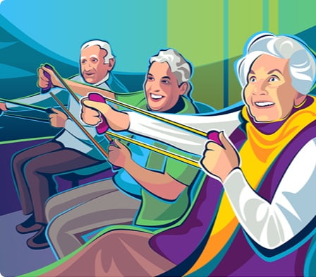 An older woman and two older men sitting in chairs exercising with resistance bands.