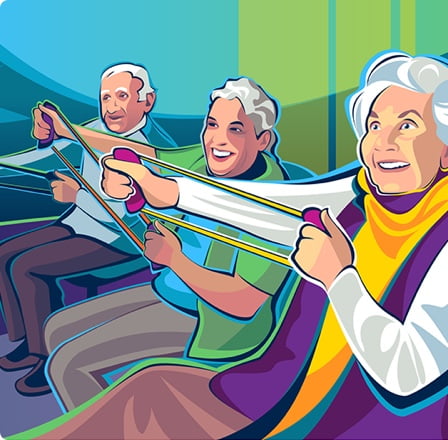 An older woman and two older men sitting in chairs exercising with resistance bands.