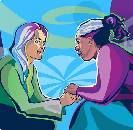 Two  older women holding hands and discussing diagnosis of conditions with Pulmonary Fibrosis.